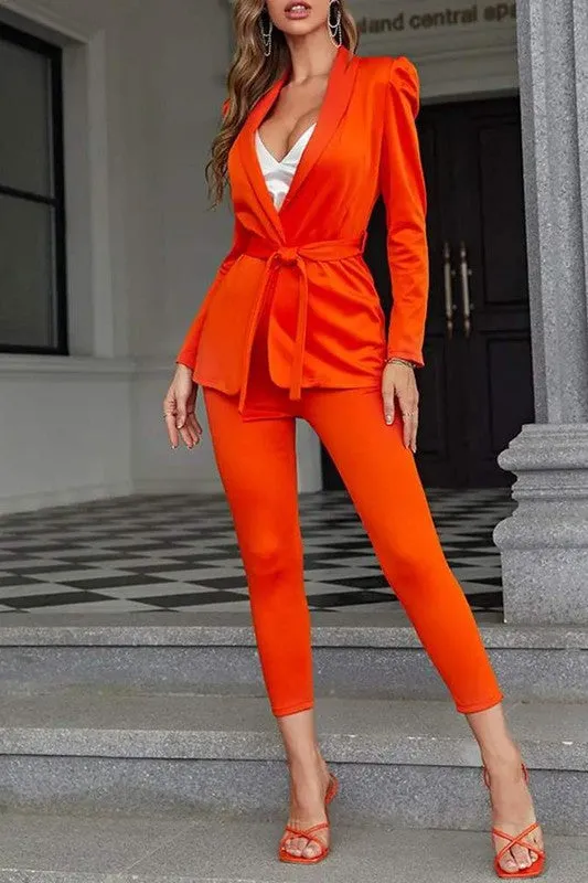 Shawl Collar Puff Sleeve Belted Blazer Pants Set