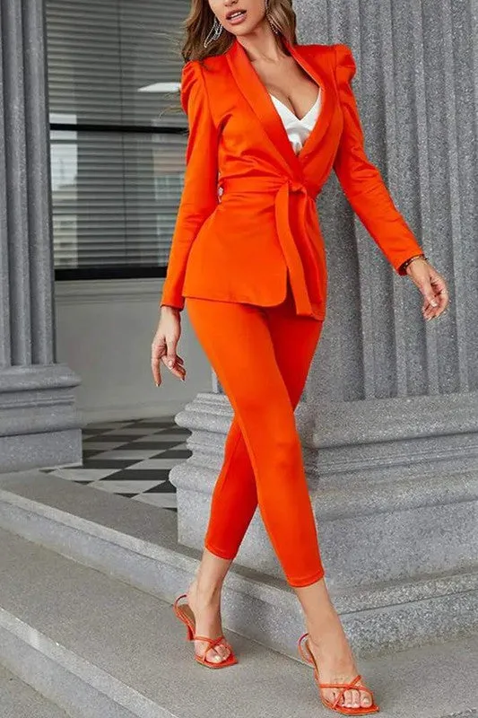 Shawl Collar Puff Sleeve Belted Blazer Pants Set