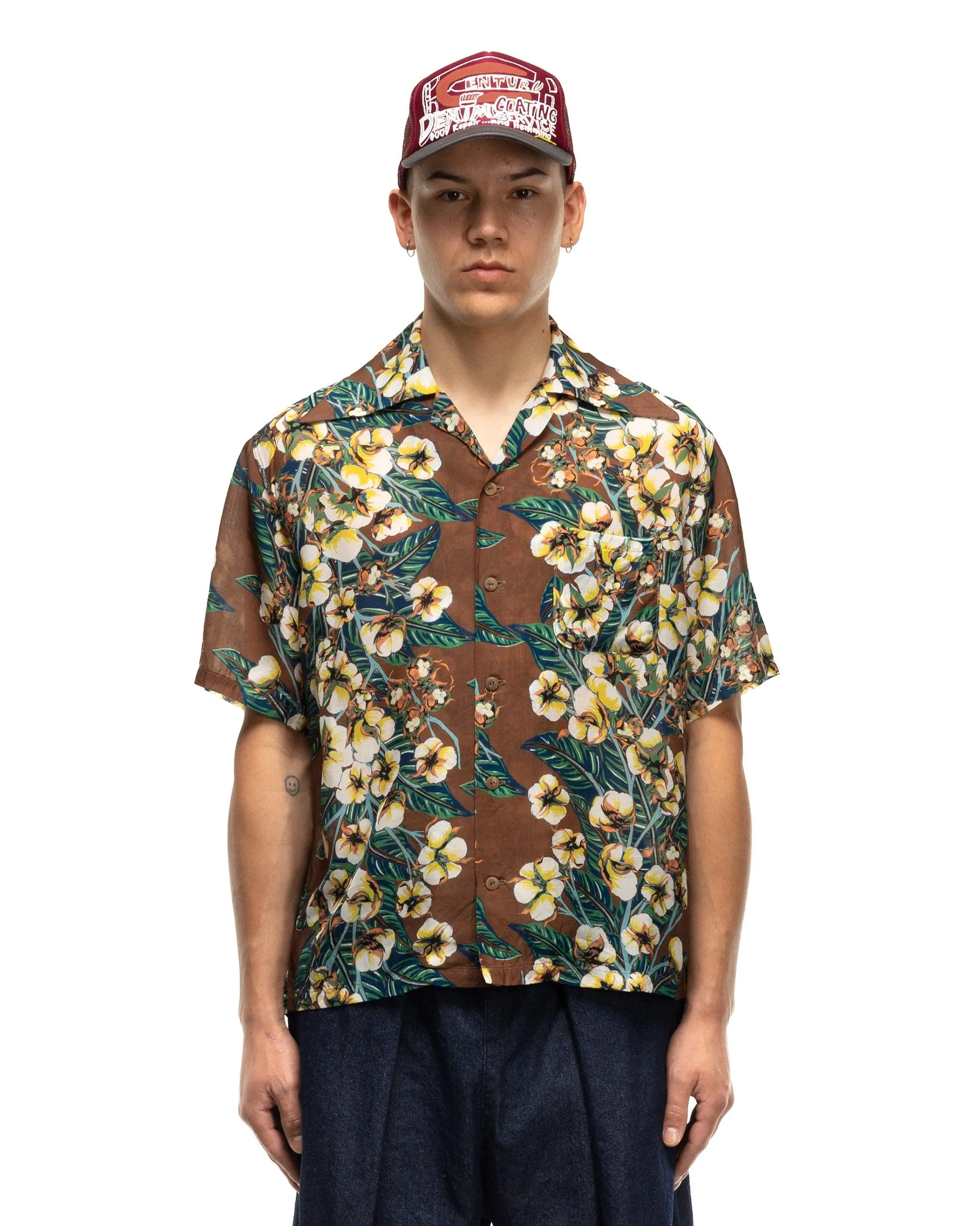 Silk Rayon Cotton-Flower WRANGLE Collar Aloha Brown