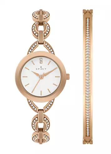 Spirit Ladies Polished Pale Rose Gold Link Bracelet Watch & Bangle Set | Kaleidoscope