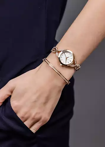 Spirit Ladies Polished Pale Rose Gold Link Bracelet Watch & Bangle Set | Kaleidoscope