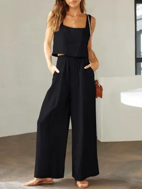 Square Neck Top and Wide Leg Pants Set