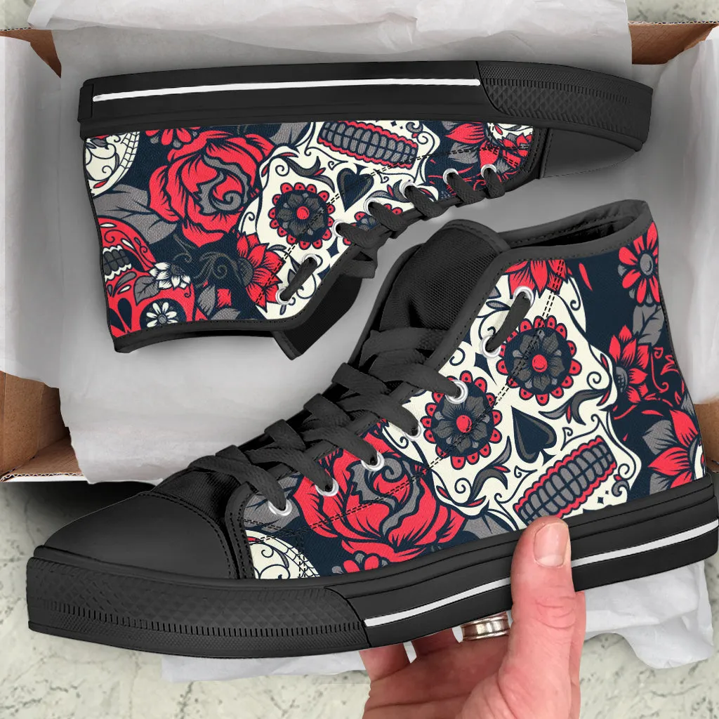 Sugar Skull Red Rose High Top Shoes Black