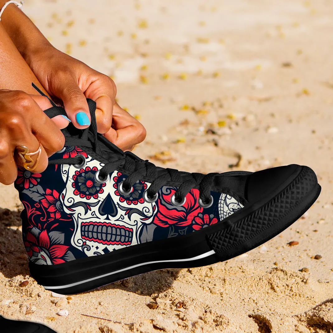 Sugar Skull Red Rose High Top Shoes Black