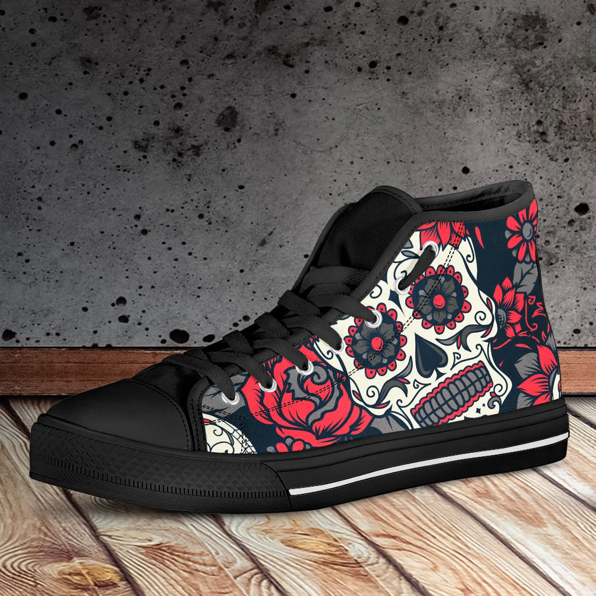 Sugar Skull Red Rose High Top Shoes Black