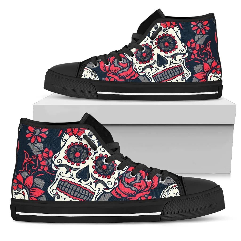 Sugar Skull Red Rose High Top Shoes Black