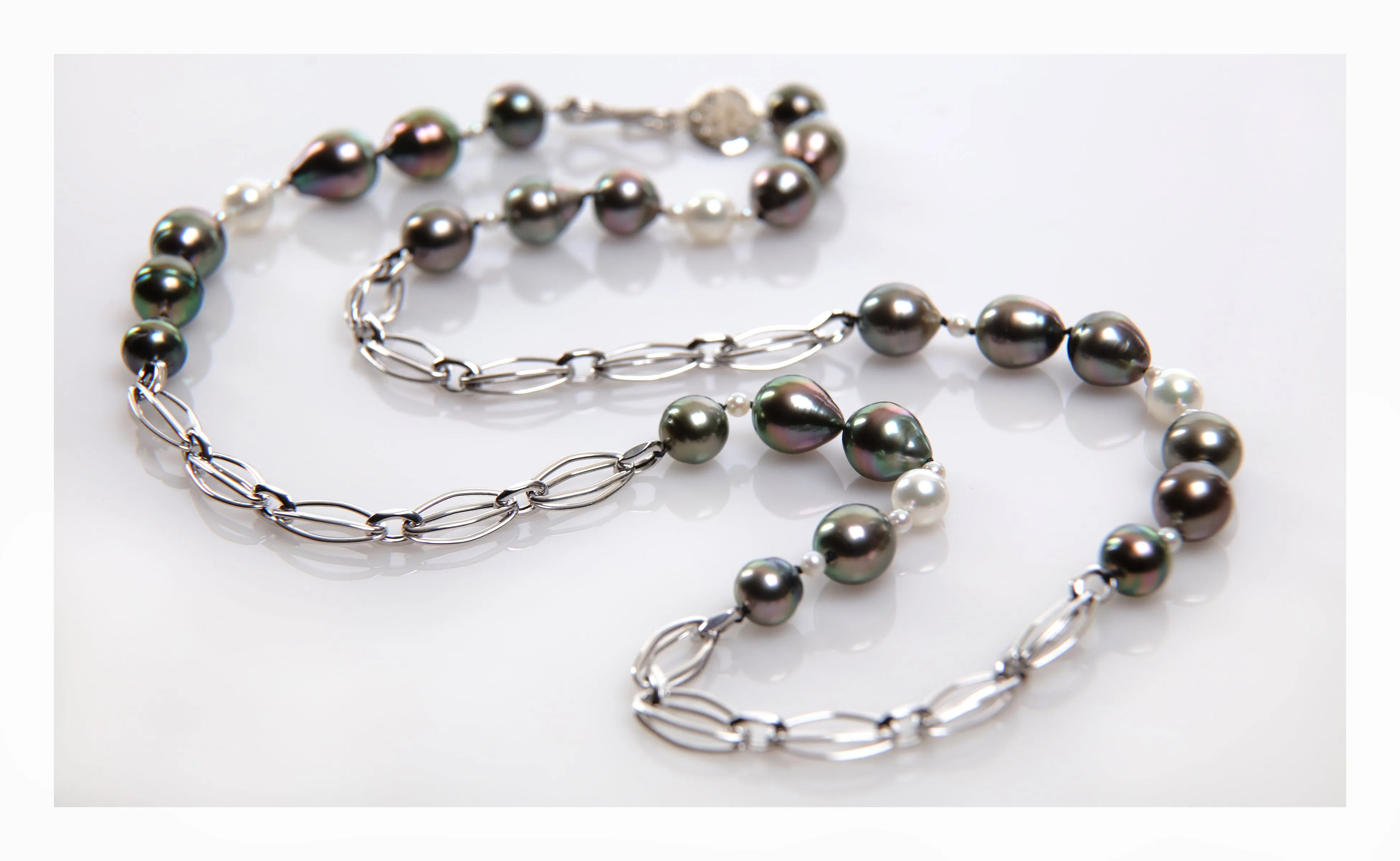 Tahitian and Akoya Pearl Sections Alternate With White Gold Chain