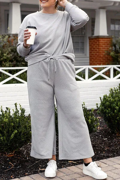 Textured Long Sleeve Top and Drawstring Pants Set