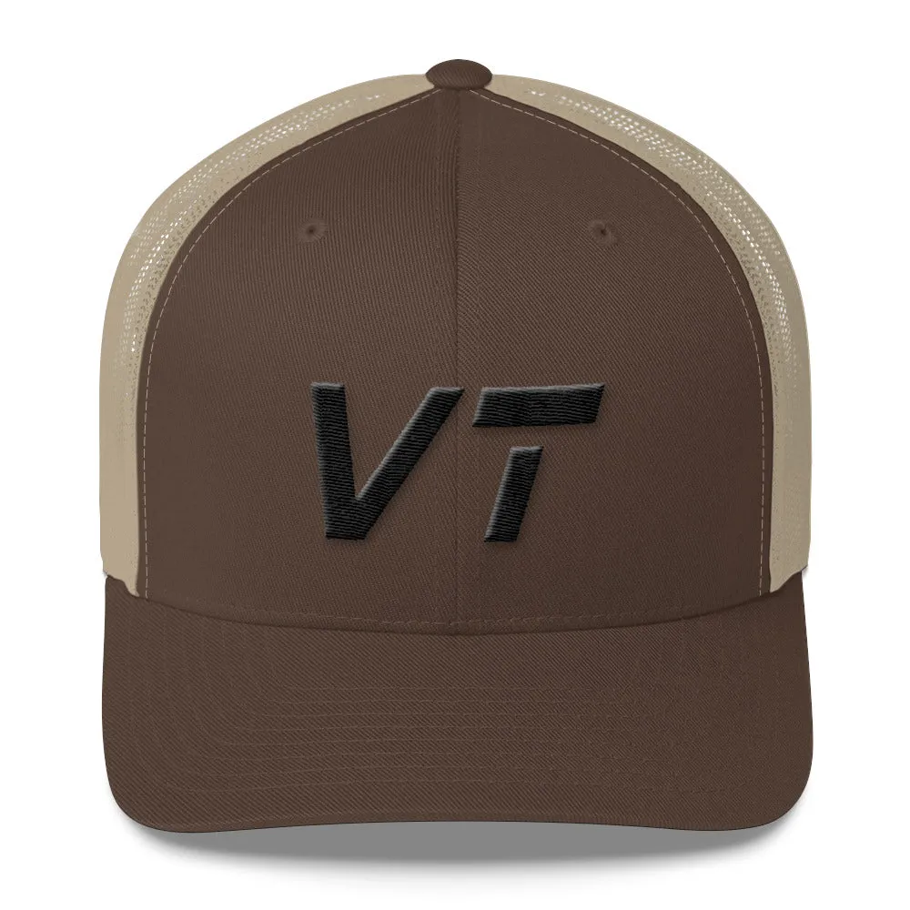 Vermont - Mesh Back Trucker Cap - Black Embroidery - VT - Many Hat Color Options Available