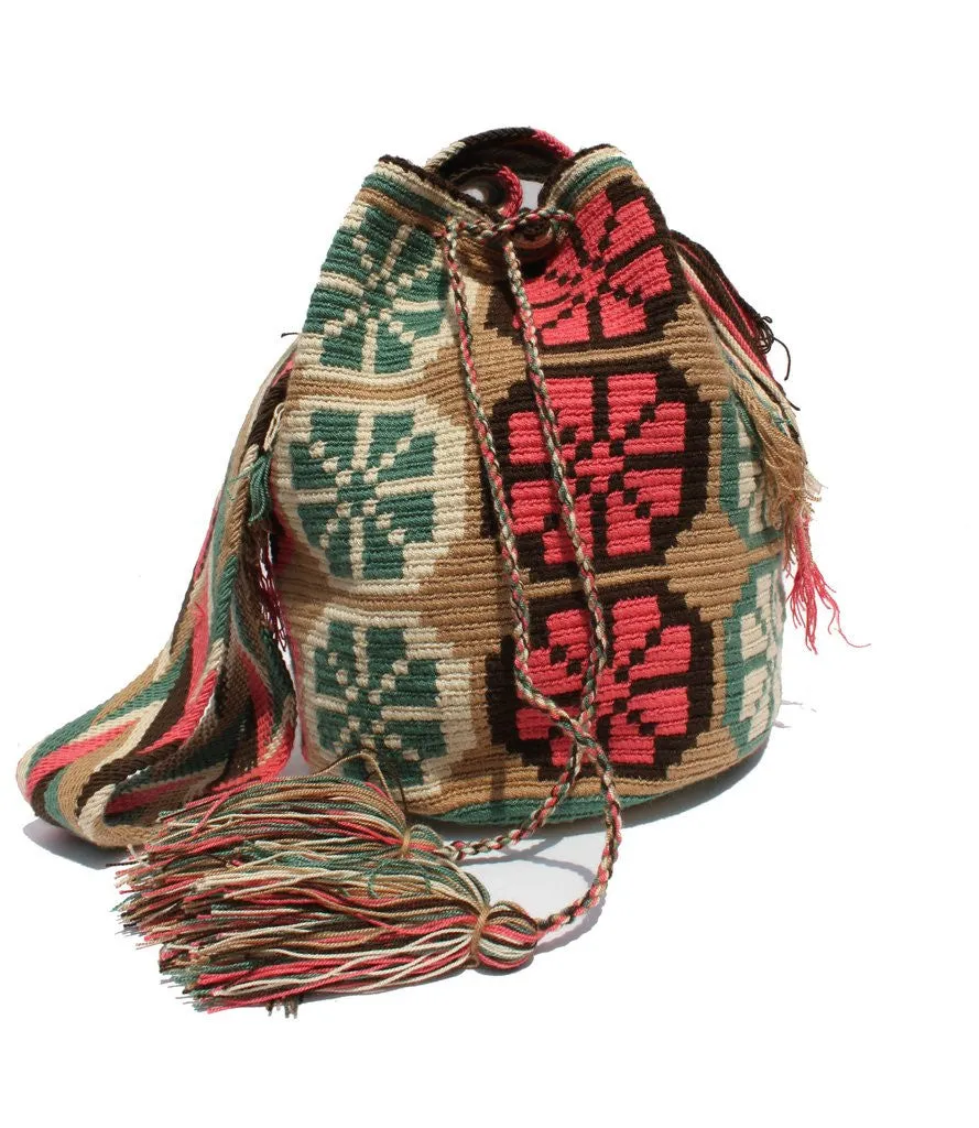 Wayuu Crossbody Mochila Bag - Tan-Pink-Aqua Green